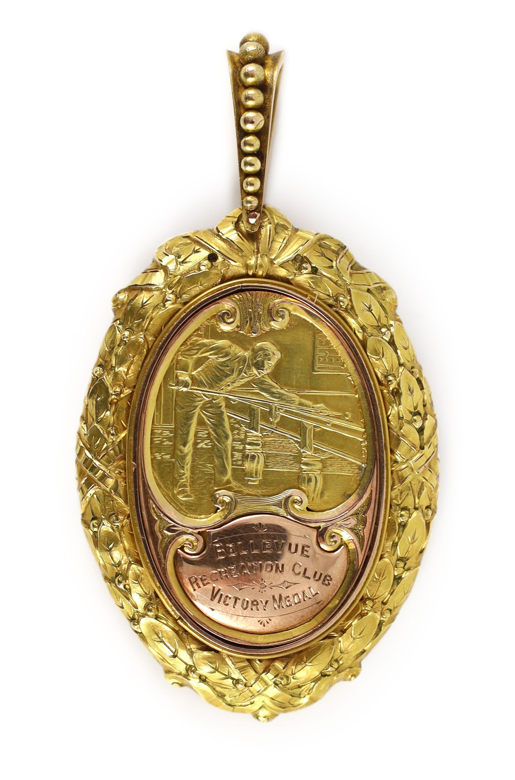 A George V two colour 9ct gold presentation snooker medal 'Bellevue Recreation Club Victory Medal'